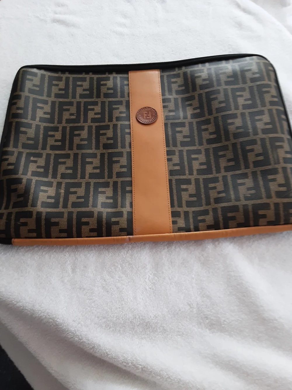 Fendi Brown Monogram Laptop Sleeve with Tan Leather Trim
